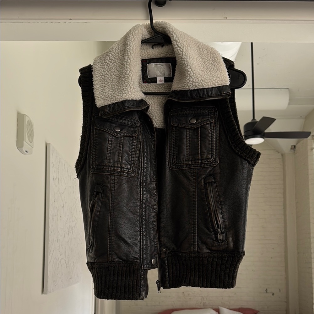 Black Leather Vest with Shearling Collar
